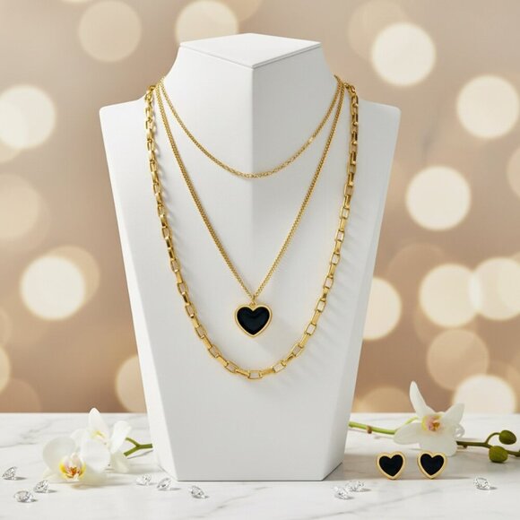 🆕️Elegant 18K Gold Plated Triple Layer Necklace & Heart Earrings Trendy Set ✨ - Picture 1 of 15